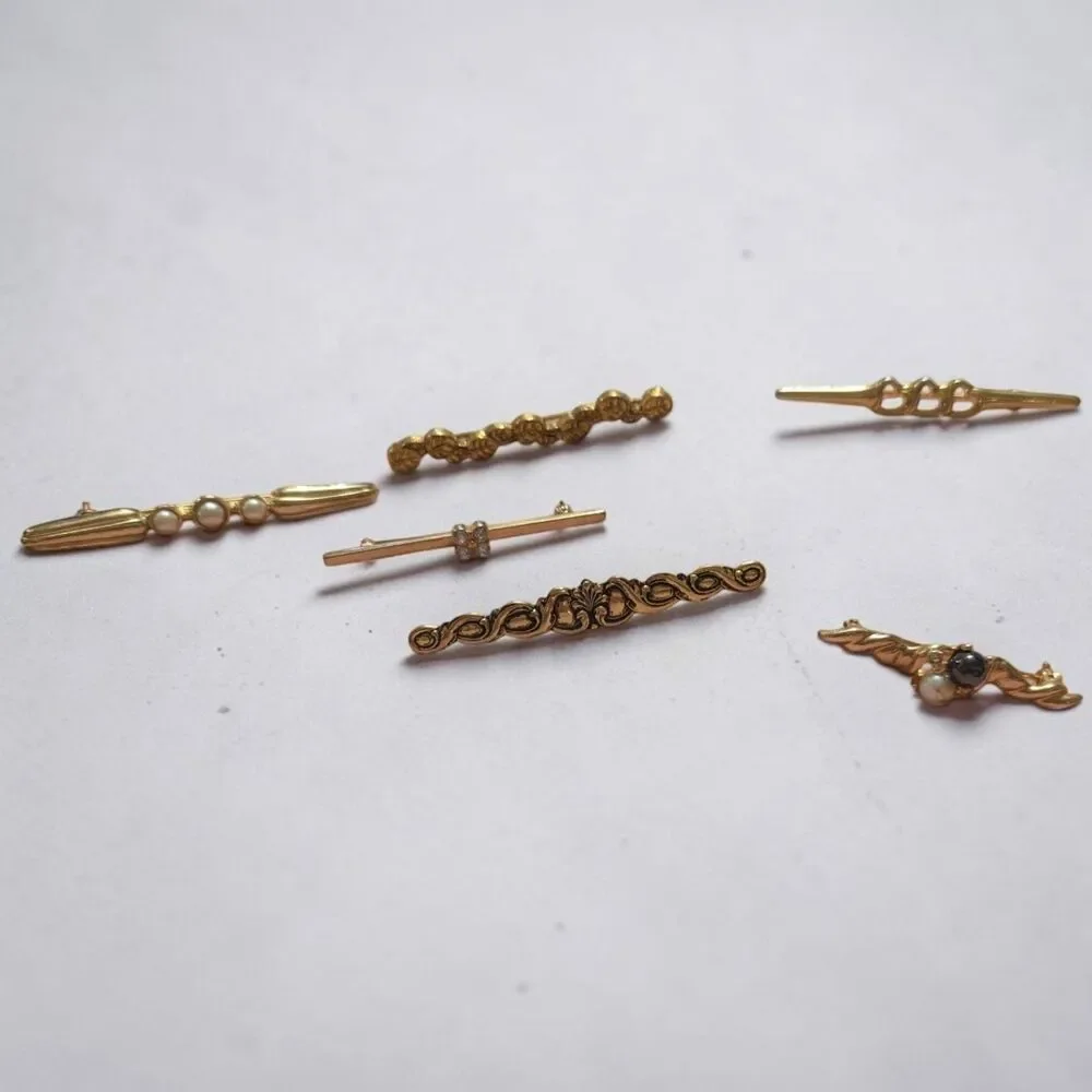 Vintage Gold Tone Bar Brooch Pin Lot of 6, Pearl Rhinestone Ornate Jewelry